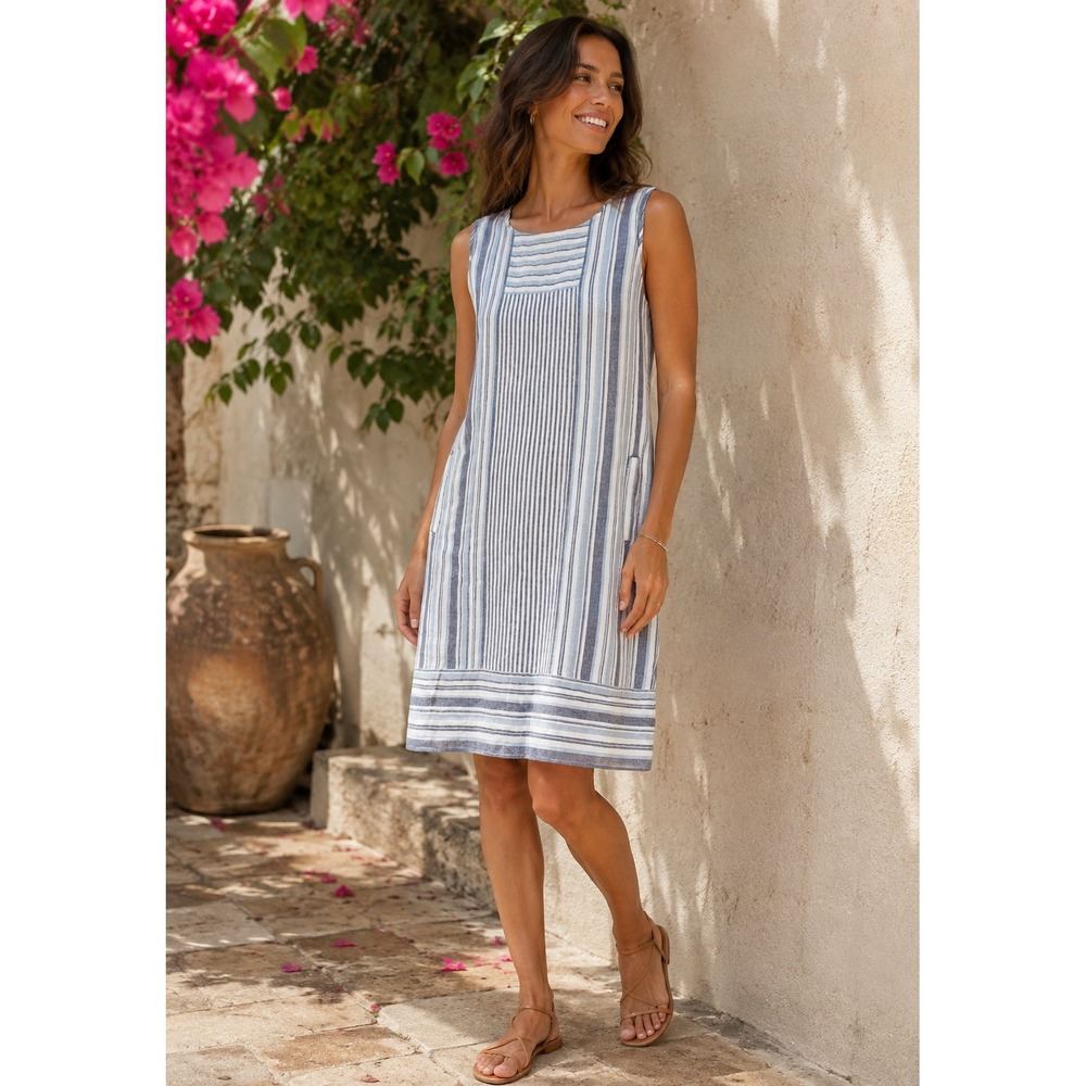 J.Jill Love Linen Knee Length Dress Sz M Tall Blue Striped Lagen Coastal Resort